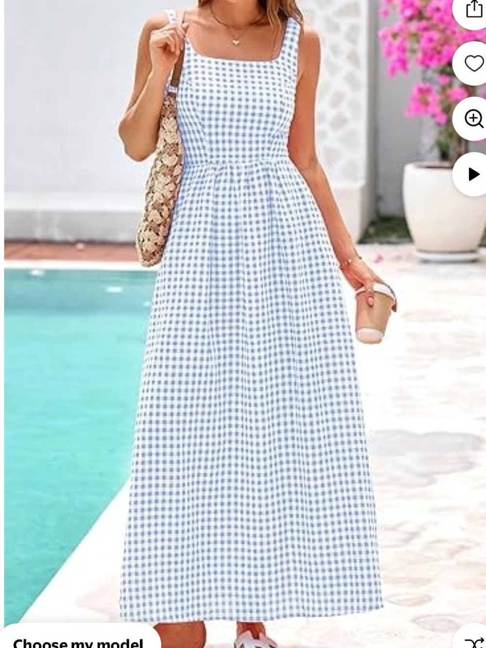 Light Blue Gingham Square-Neck Maxi Dress